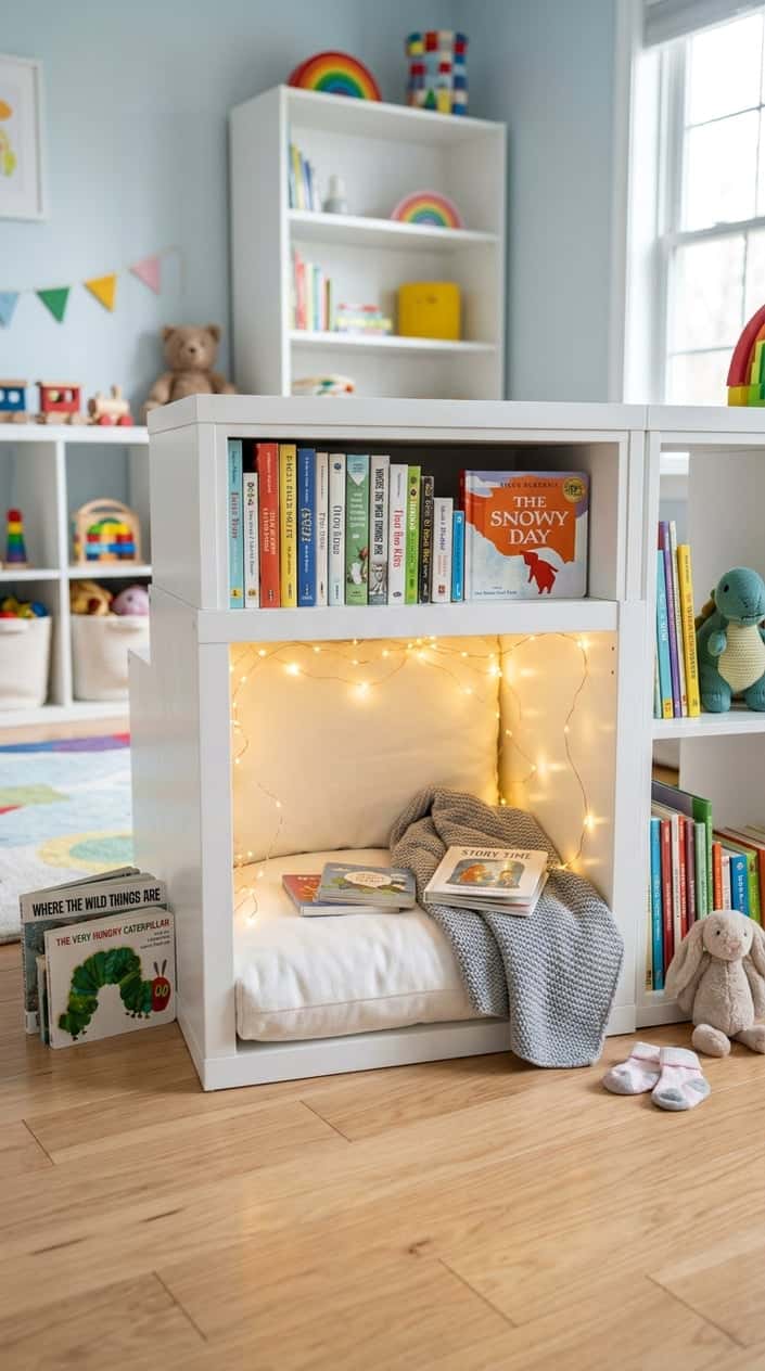 A cozy reading nook inside a cube shelf with a soft cushion and fairy lights in a children's room.