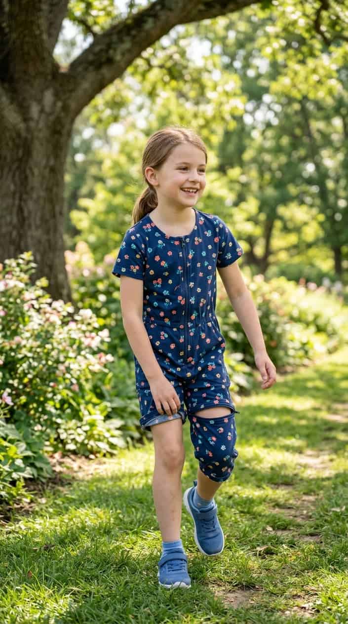 Little Girl Outfits She Won't Refuse to Wear 17 A young girl smiling and playing outdoors wearing a convertible zip romper that turns into shorts.