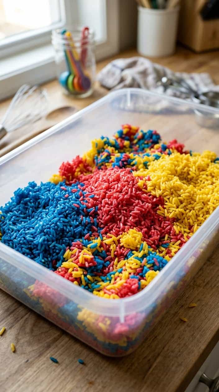 Close-up of cooked rice dyed with bright food coloring in a clear container on a kitchen countertop.