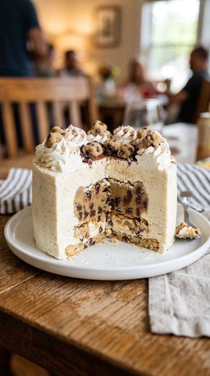 A sliced ice cream cake with a visible cookie dough center on a white plate.