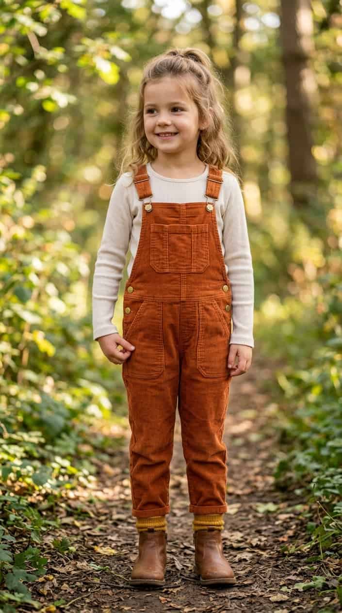 Little Girl Outfits She Won't Refuse to Wear 6 A young girl wearing corduroy dungarees with pockets, standing outdoors and smiling.