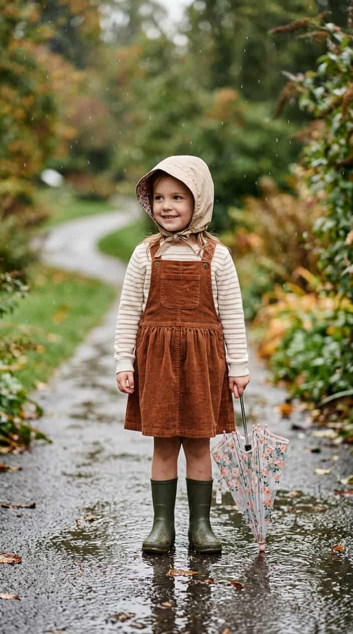 Little Girl Dress Styles for a Rainy Birthday Party 15 A young girl standing outside on a rainy day wearing a corduroy jumper and a rain bonnet.