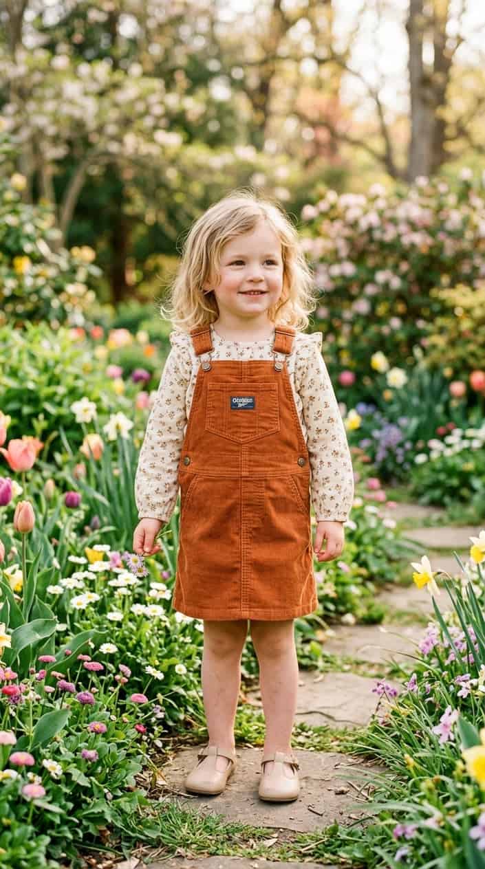 A young child standing outdoors wearing a corduroy overall dress, smiling gently with greenery and flowers in the background.
