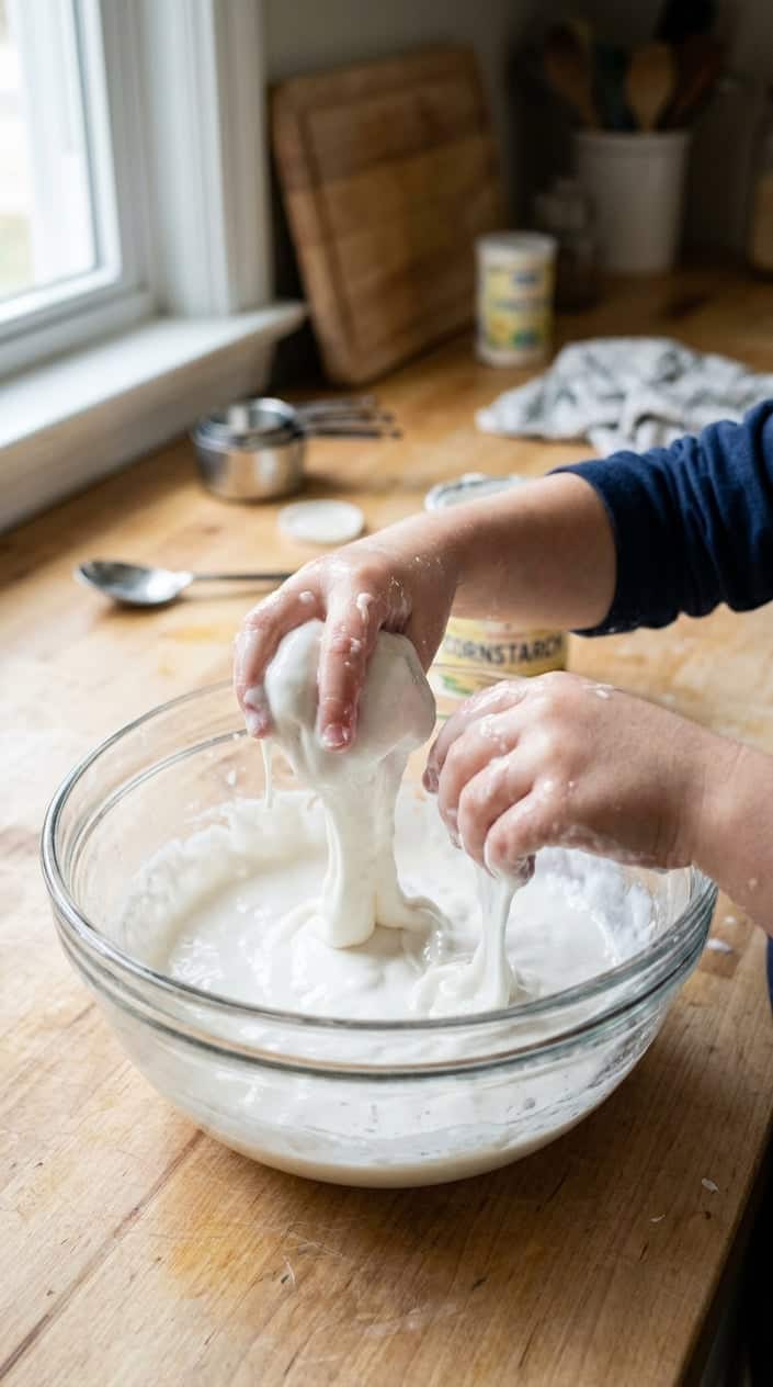 Child's hands squishing a white, gooey cornstarch and water mixture in a glass bowl on a kitchen counter.