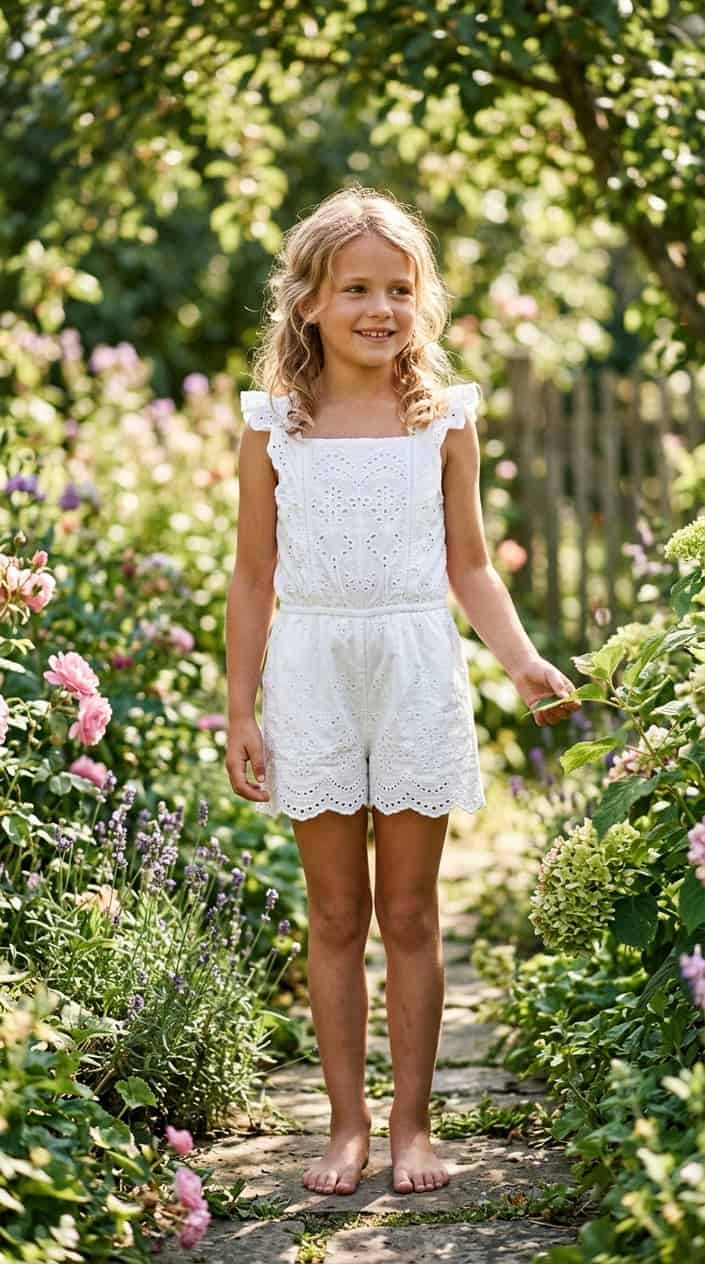 Retro-Inspired Summer Outfits for Girls 14 A young girl wearing a white cotton playsuit with ruffle straps stands in a sunlit garden surrounded by green plants and flowers.