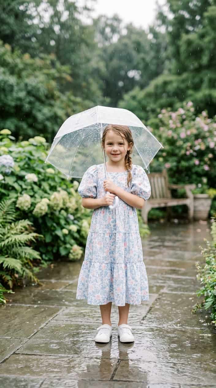 Little Girl Dress Styles for a Rainy Birthday Party 13 A young girl in a light dress with umbrella sleeves stands outside in the rain holding a small umbrella, smiling gently.