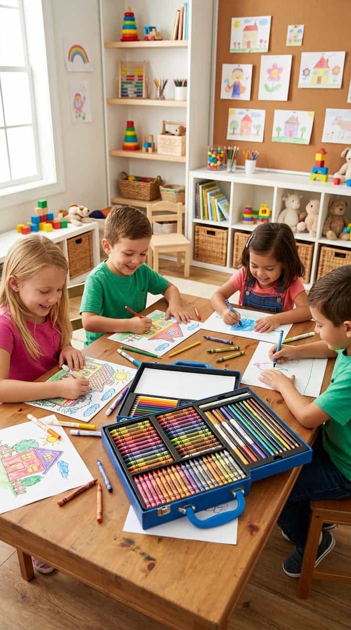 Children coloring with a Crayola art set open on a table in a bright playroom.