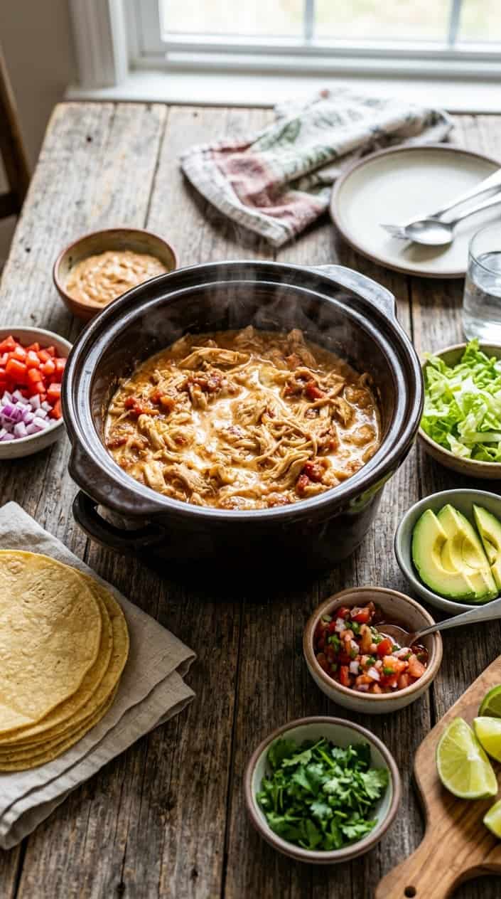 17 Crockpot Chicken Tacos and Bowls for Busy Families 18 A crockpot filled with creamy salsa-sauced shredded chicken surrounded on a wooden table by small flour tortillas, sliced tomatoes, shredded lettuce, avocado wedges, fresh cilantro, lime wedges, and a bowl of red salsa.