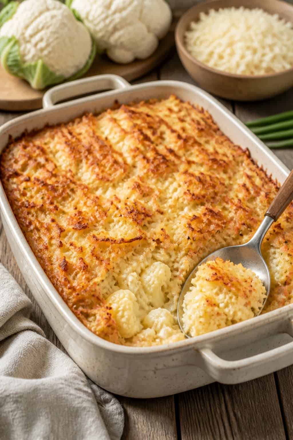 A creamy cauliflower and hashbrown casserole in a ceramic dish on a wooden table with a serving spoon.