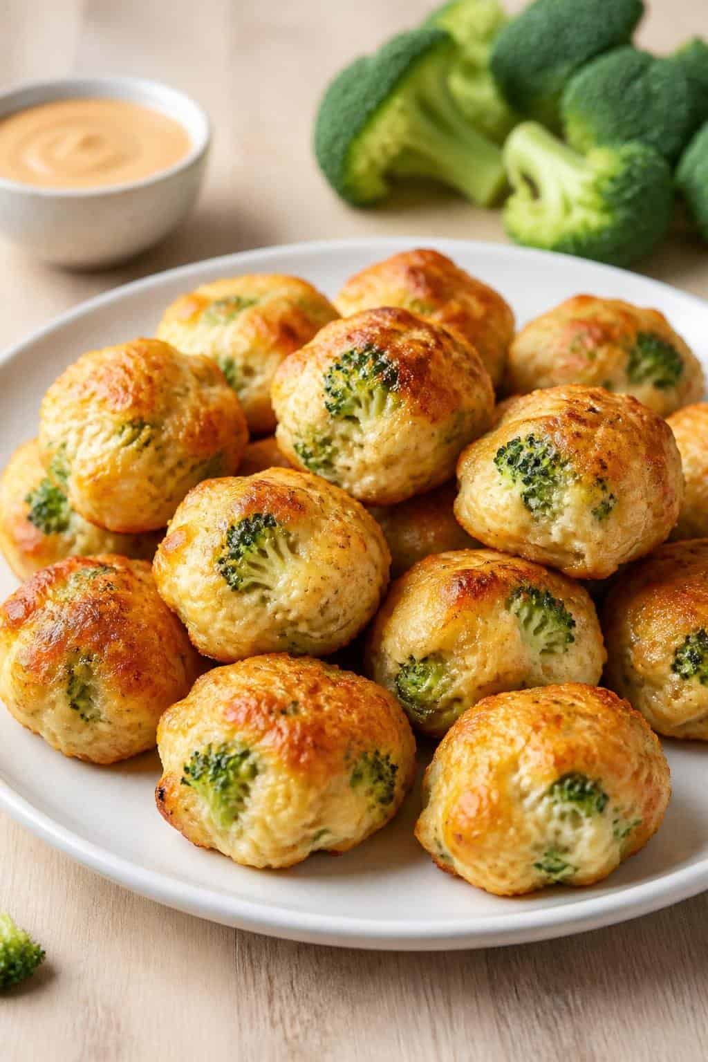 Plate of creamy chicken and broccoli bites on a wooden table with fresh broccoli and dipping sauce in the background.