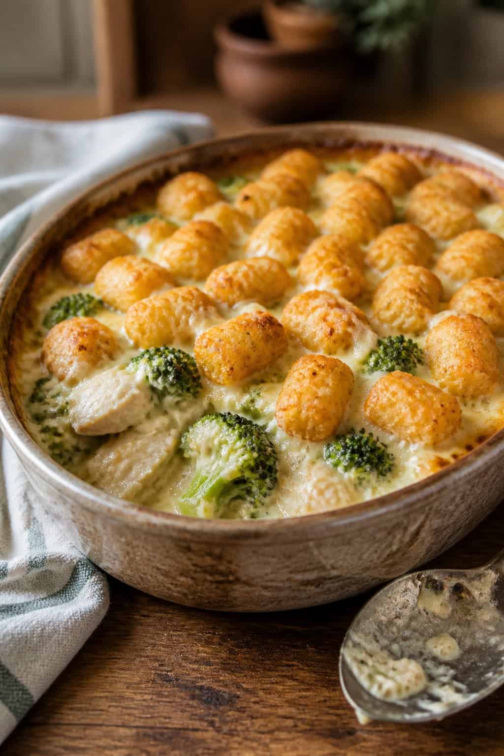 A creamy chicken and broccoli tater tot casserole in a deep rectangular baking dish, with golden tots covering the surface and a pale green filling visible at the edges.