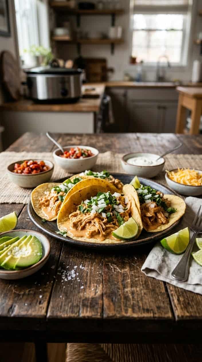 Close-up of creamy chipotle chicken tacos in small corn tortillas on a wooden surface, with small bowls of avocado, salsa, sour cream, and shredded cheese visible in the background.