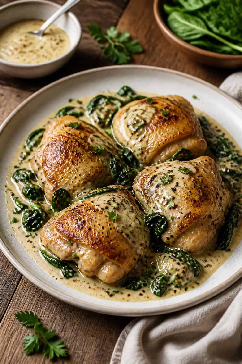 Creamy Dijon chicken thighs on a wooden table with a pale golden cream sauce pooling around them, fresh herb sprigs alongside and a small sauce bowl just visible at the edge.