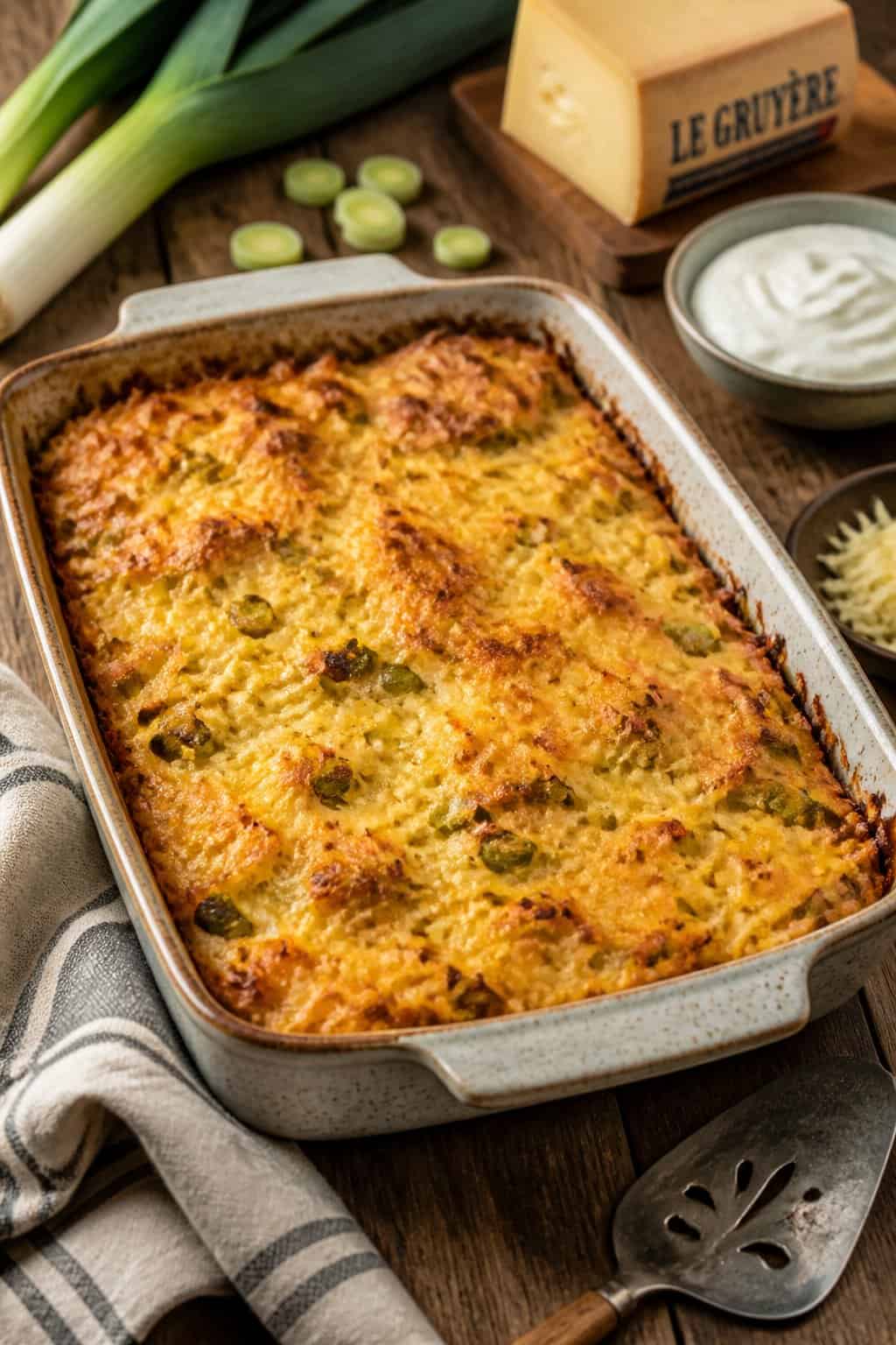 A baked hashbrown casserole with melted cheese and leeks in a ceramic dish on a wooden table with fresh ingredients around it.