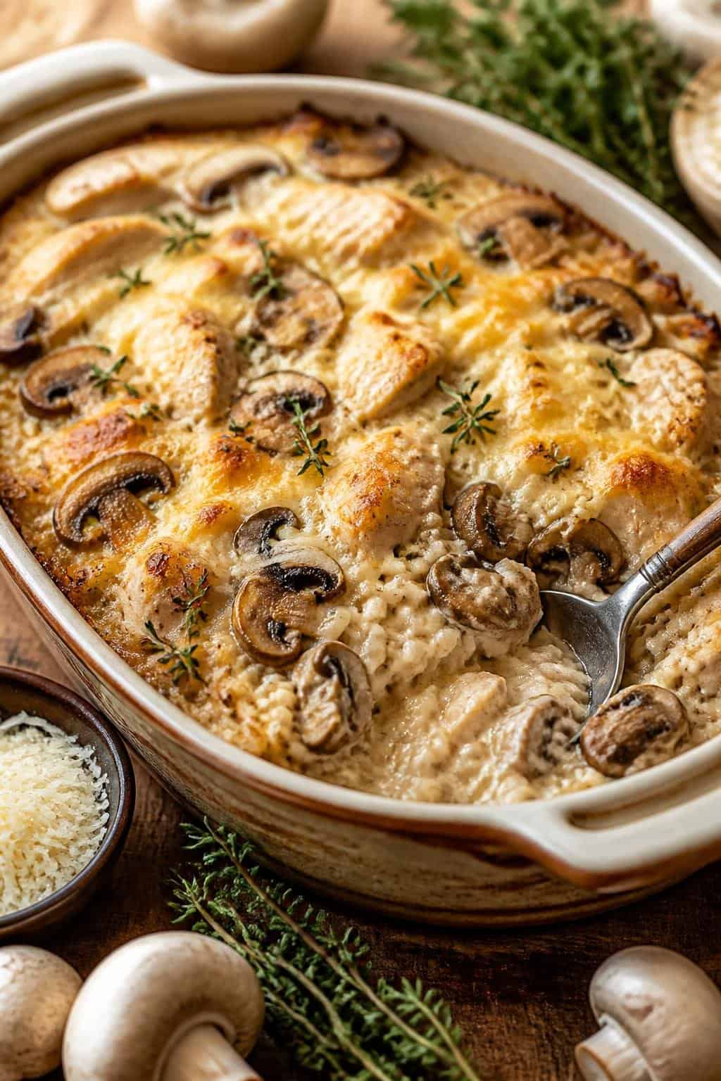A freshly baked creamy mushroom and chicken rice casserole in a ceramic dish on a wooden table with sliced cremini mushrooms and fresh thyme sprigs nearby.