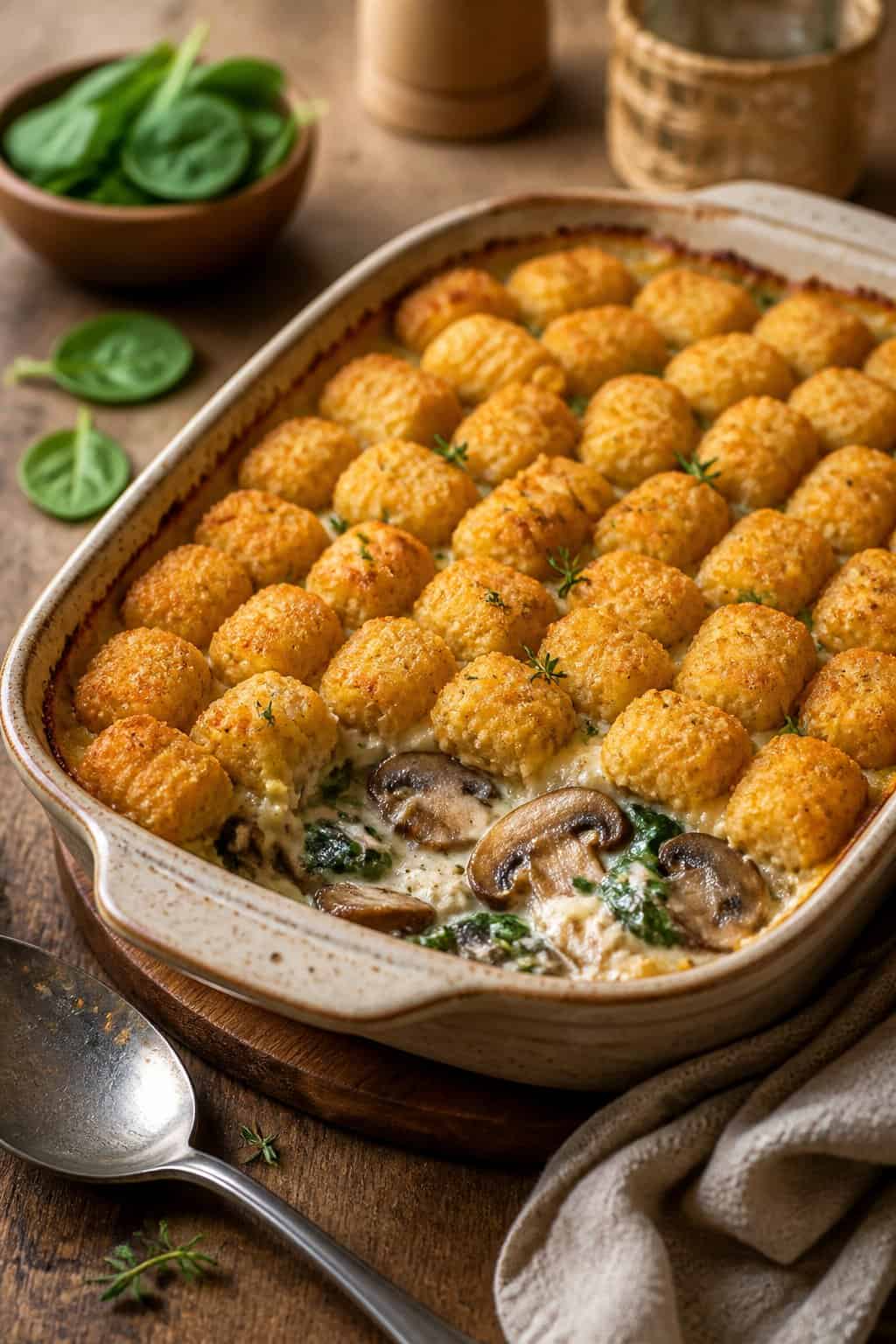 A freshly baked creamy mushroom and spinach tater tot casserole in a round ceramic dish on a wooden table, with the golden tots slightly overlapping and a dark green spinach filling visible at the rim.