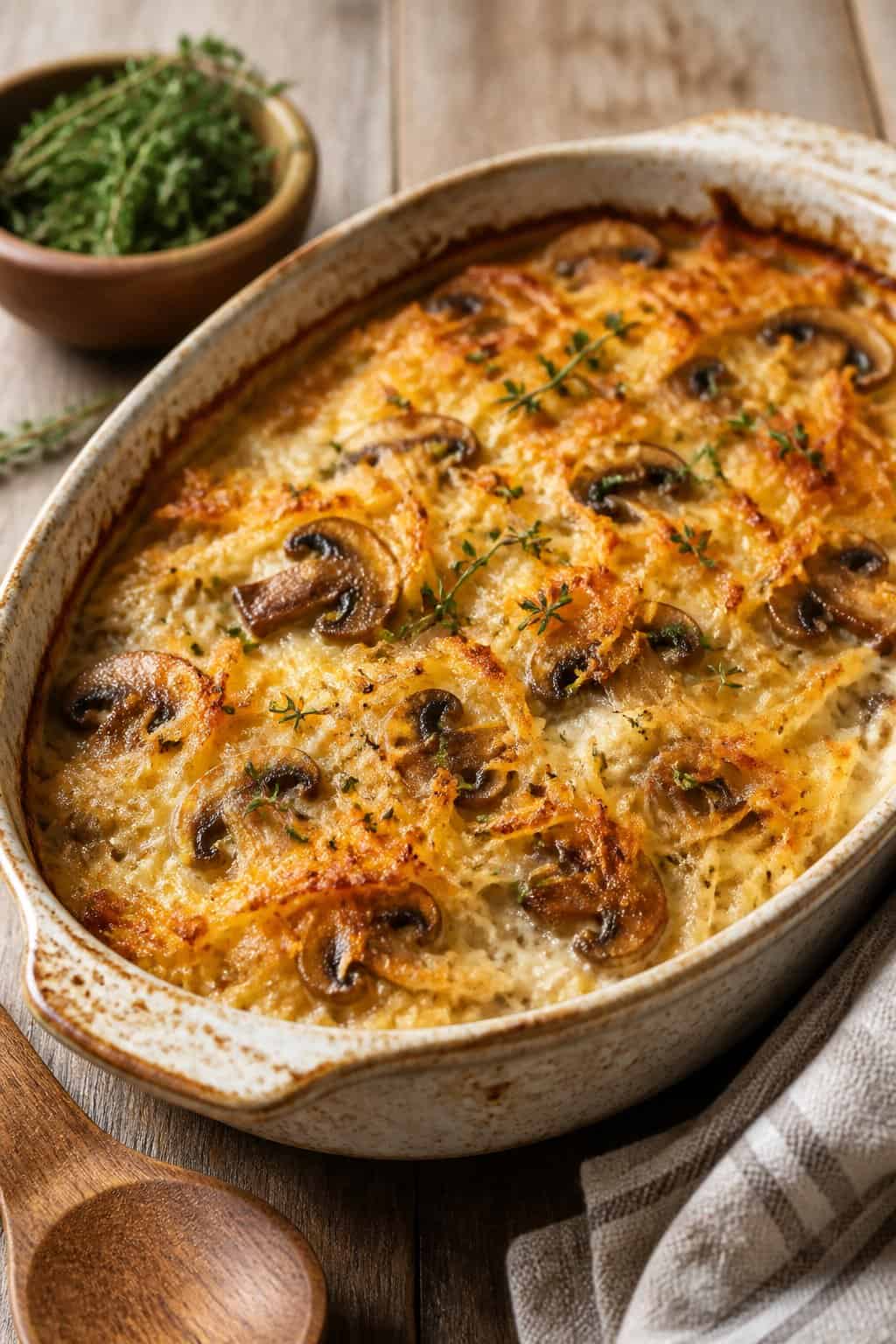 A creamy mushroom and thyme hashbrown casserole in a rustic baking dish on a wooden table with fresh thyme and a wooden spoon nearby.