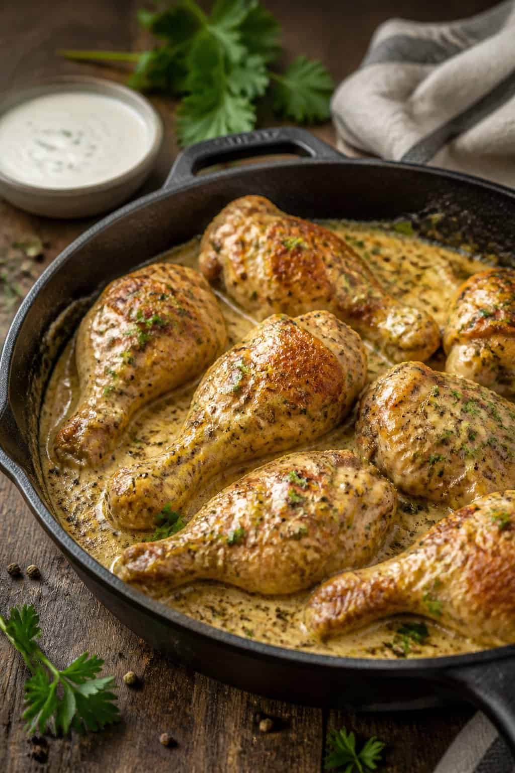 Cast iron skillet filled with chicken drumsticks in a thick creamy white ranch sauce, finished with chopped fresh chives, sitting on a worn wooden surface.