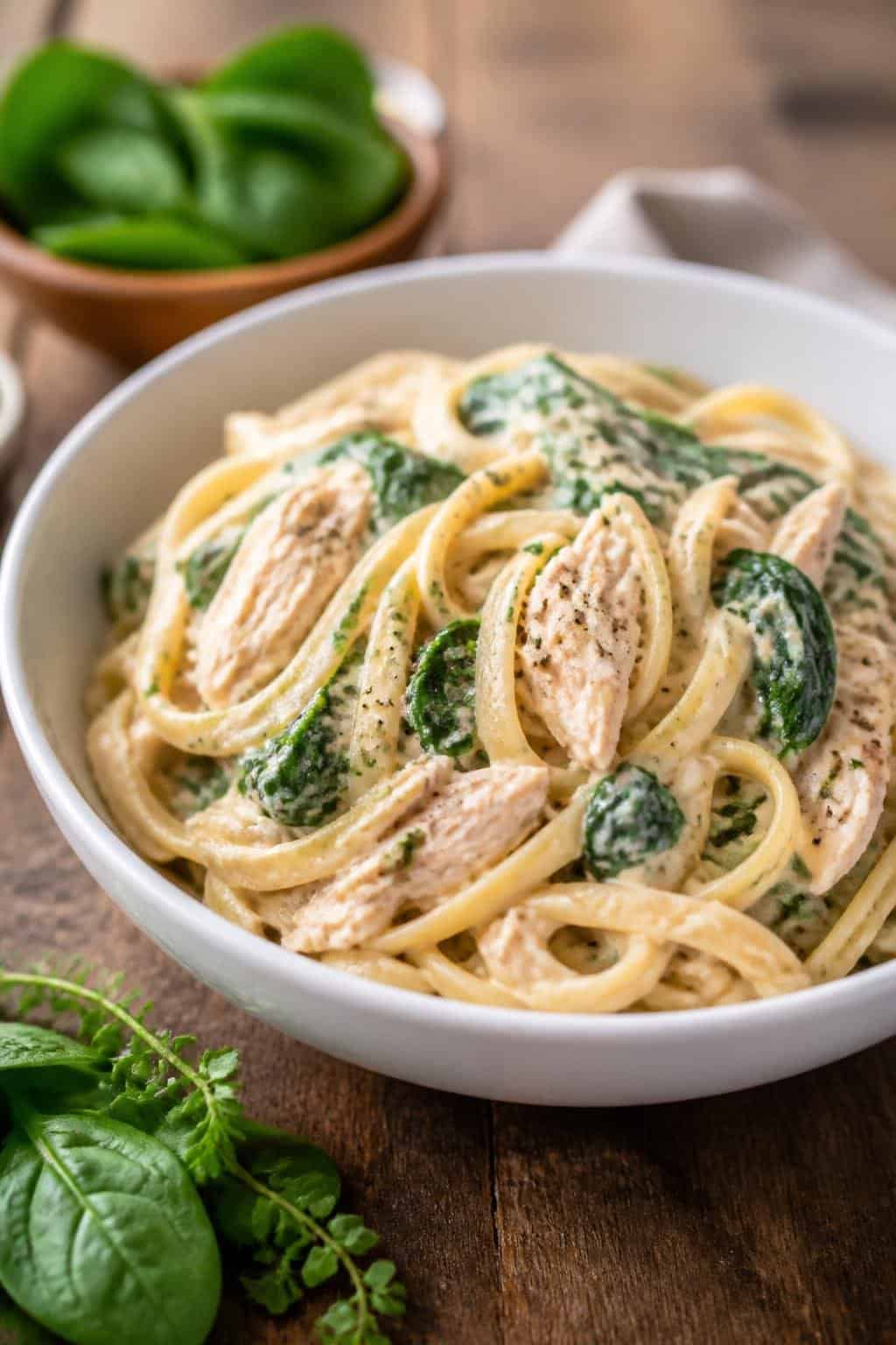 A wide pasta bowl on a wooden table filled with penne in a creamy Parmesan sauce, shredded chicken, and wilted dark green spinach leaves.