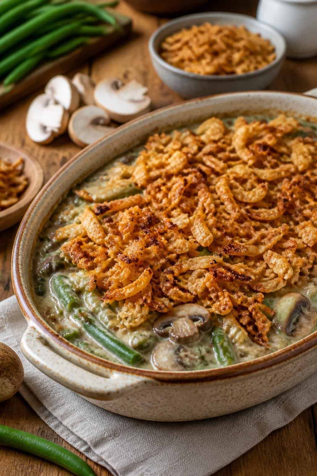 15 Green Bean Casseroles for Hungry Families 5 A creamy green bean casserole topped with a generous layer of crispy fried onions in a rustic oval baking dish, with fresh green beans and sliced mushrooms arranged nearby on a wooden surface.