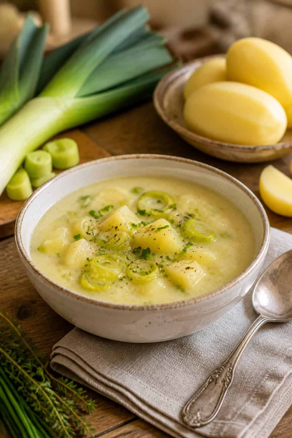 A bowl of creamy potato leek soup garnished with chopped chives on a wooden table surrounded by fresh leeks and potatoes.