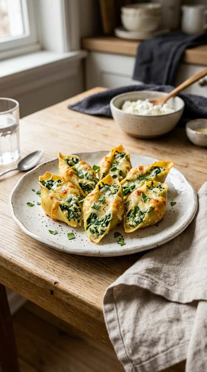Plate of creamy spinach and ricotta stuffed pasta shells on a wooden table with a glass of water and kitchen items in the background.