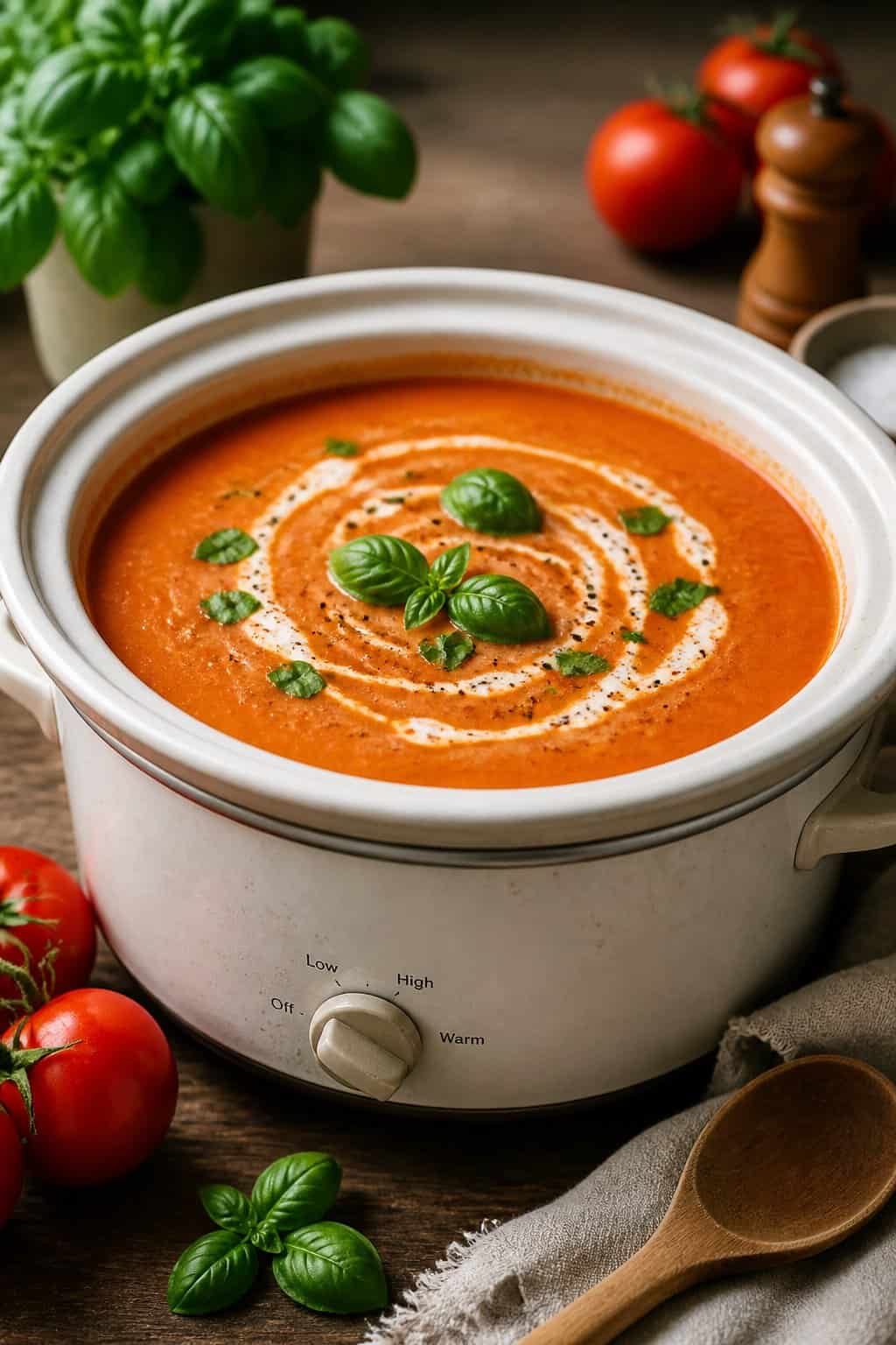 A crockpot filled with creamy tomato basil soup garnished with basil leaves on a wooden table with fresh tomatoes and basil around it.