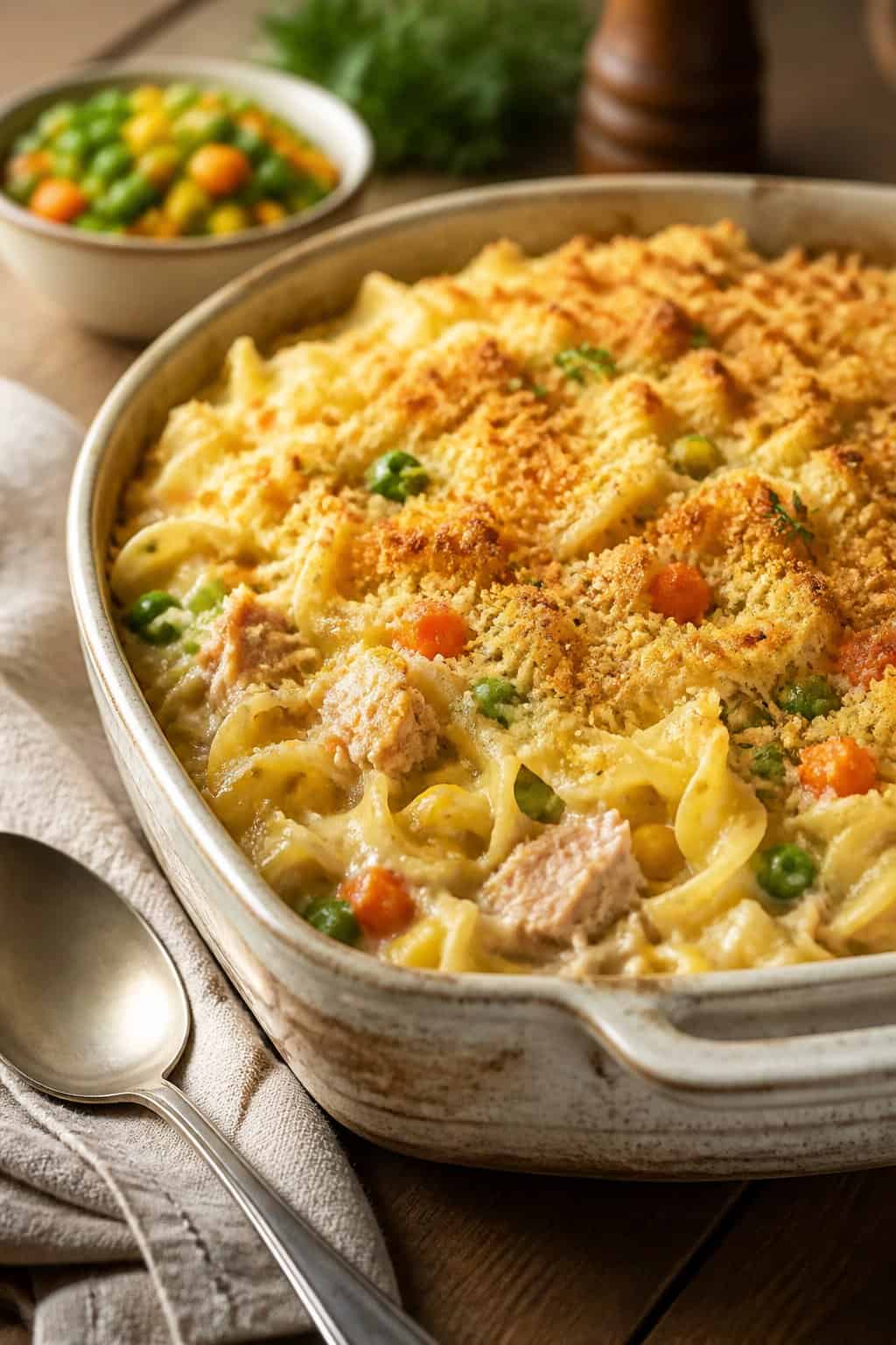 A creamy tuna noodle casserole with mixed vegetables in a ceramic dish on a wooden table.