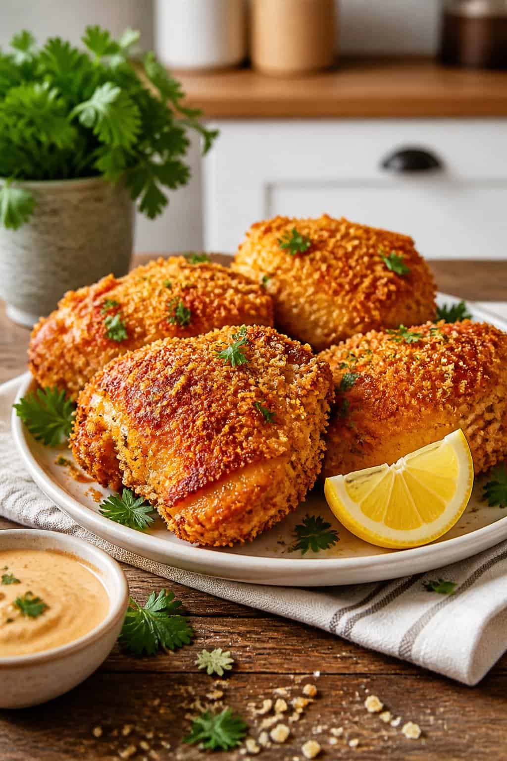 Golden-brown panko-crusted chicken thighs on a wooden board, garnished with a lemon wedge and sprigs of fresh herbs, showing a deeply crisped exterior.