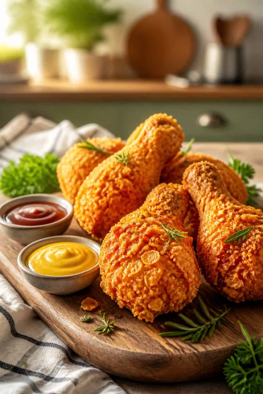 Shatteringly crunchy cornflake-coated chicken drumsticks on a rough wooden board with a small ramekin of ketchup and a ramekin of mustard, with fresh dill scattered around.