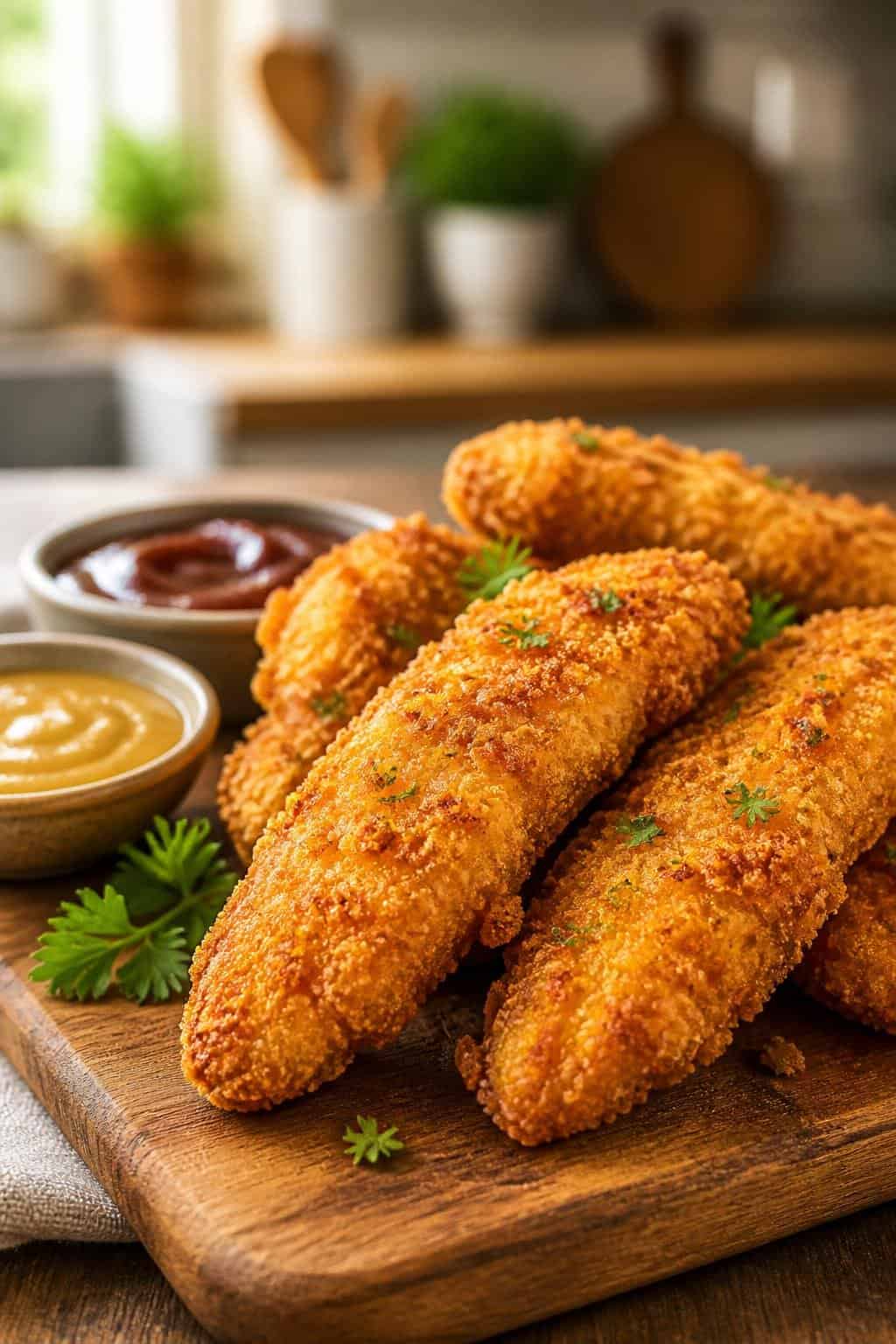 A plate of crispy oven-baked chicken tenders with dipping sauces on a wooden board.