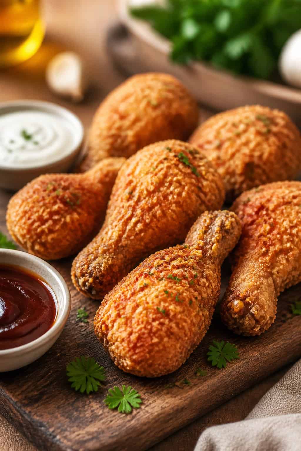 Deeply golden panko-crusted chicken drumsticks on a rough wood serving board, scattered with fresh herb leaves and two small bowls of dipping sauce.