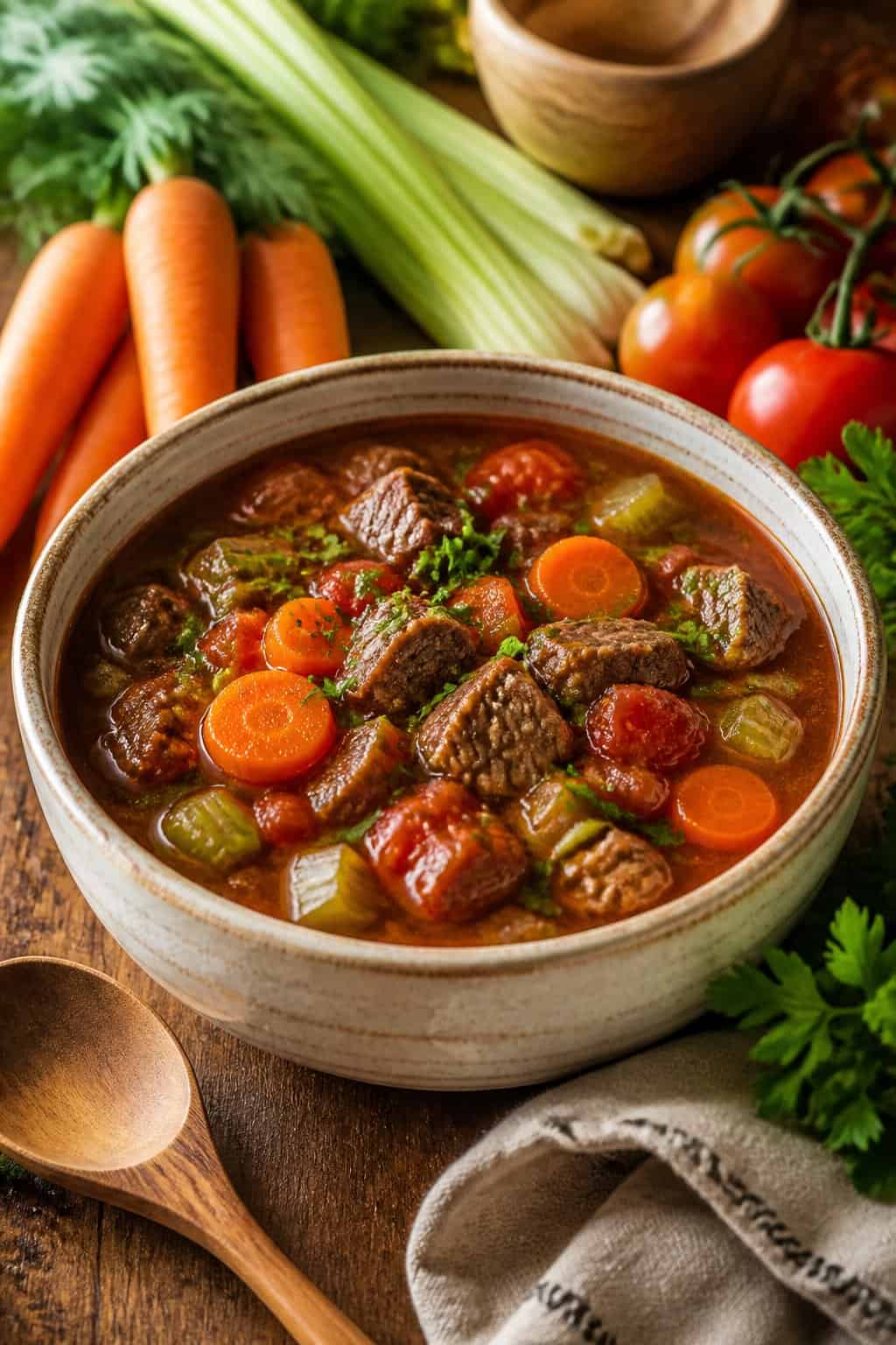 A bowl of beef and vegetable soup with fresh ingredients on a wooden table.