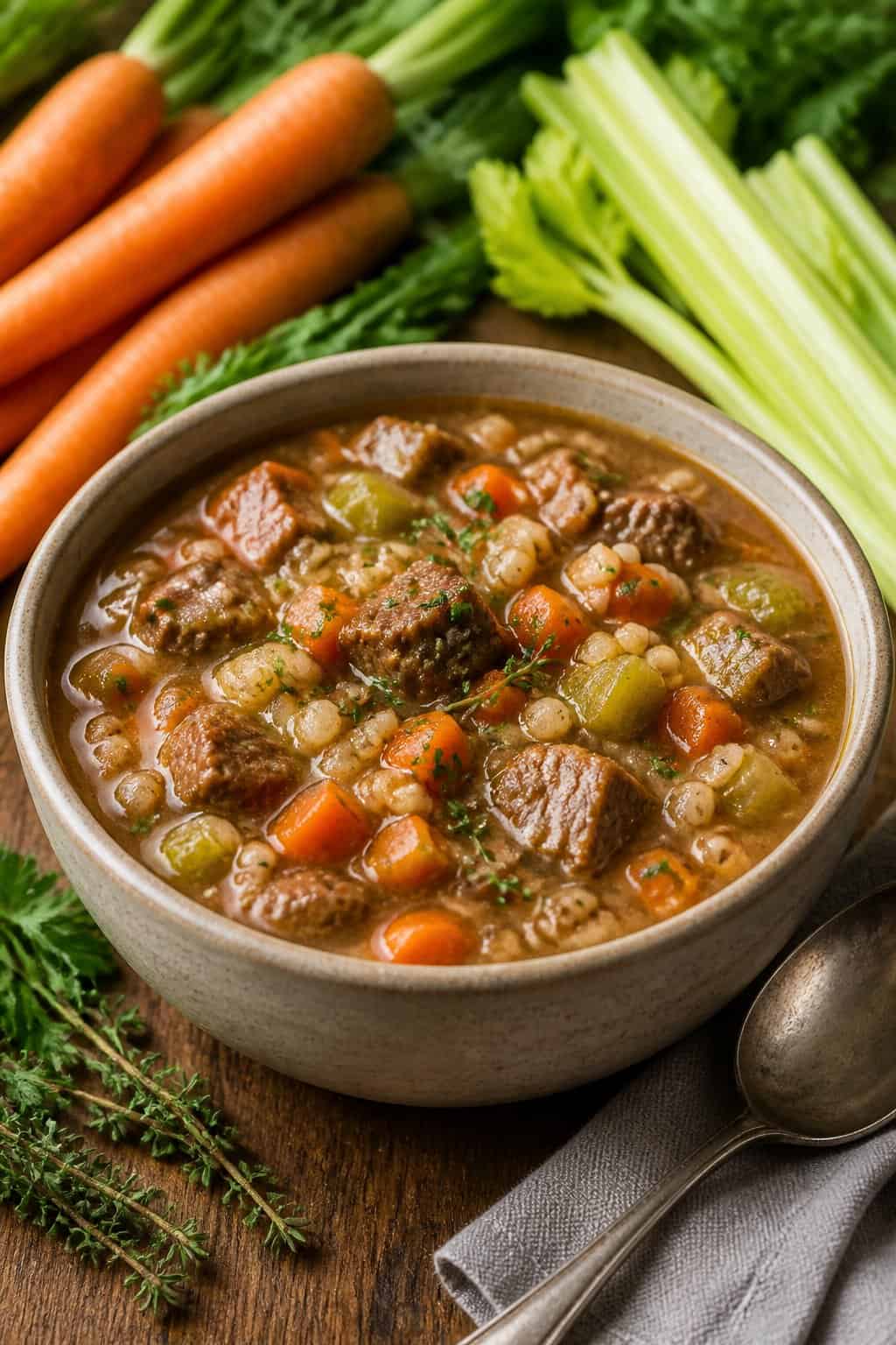 A bowl of beef barley stew with vegetables on a wooden table surrounded by fresh ingredients.