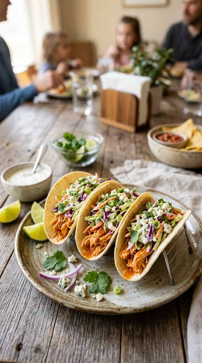 17 Crockpot Chicken Tacos and Bowls for Busy Families 16 Close-up of pulled buffalo chicken tacos in small flour tortillas piled with pale shredded cabbage and blue cheese slaw on a wooden table, with lime wedges and a small bowl of dressing to the side.