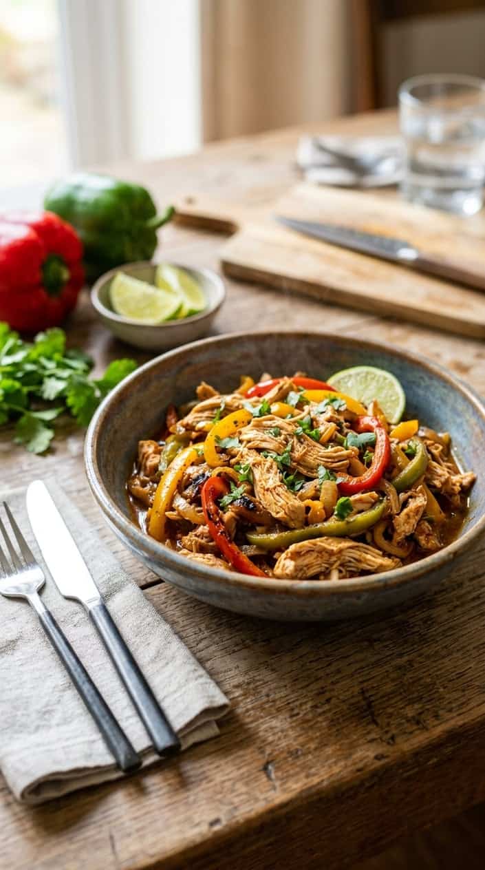 A deep bowl of saucy shredded chicken fajita filling with softened red and green bell pepper strips and caramelized onion, placed on a wooden table with fresh ingredients scattered around it.