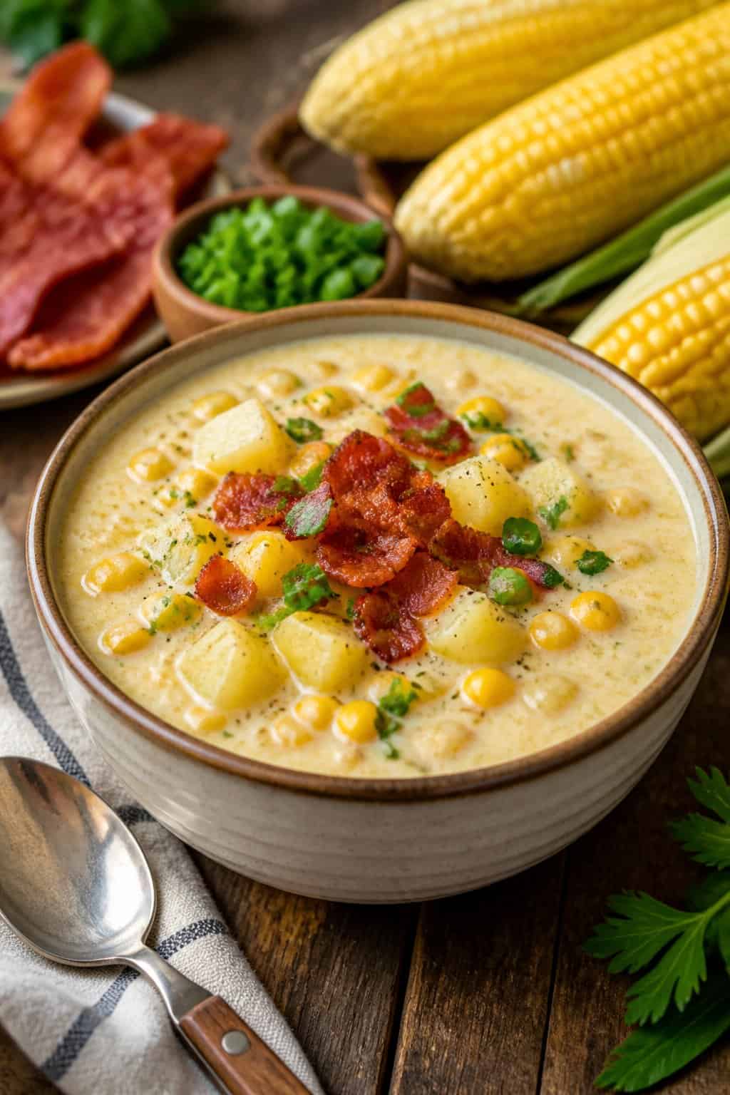 A bowl of creamy corn chowder topped with crispy bacon on a wooden table, surrounded by fresh corn and bacon strips.