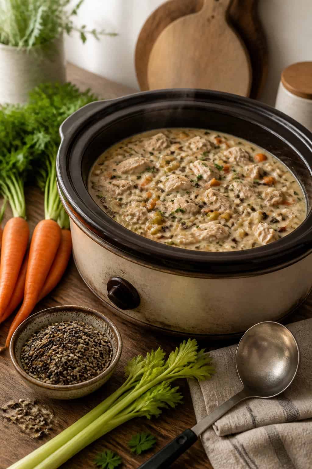 A crockpot filled with creamy wild rice and chicken soup on a wooden countertop surrounded by fresh vegetables and herbs.