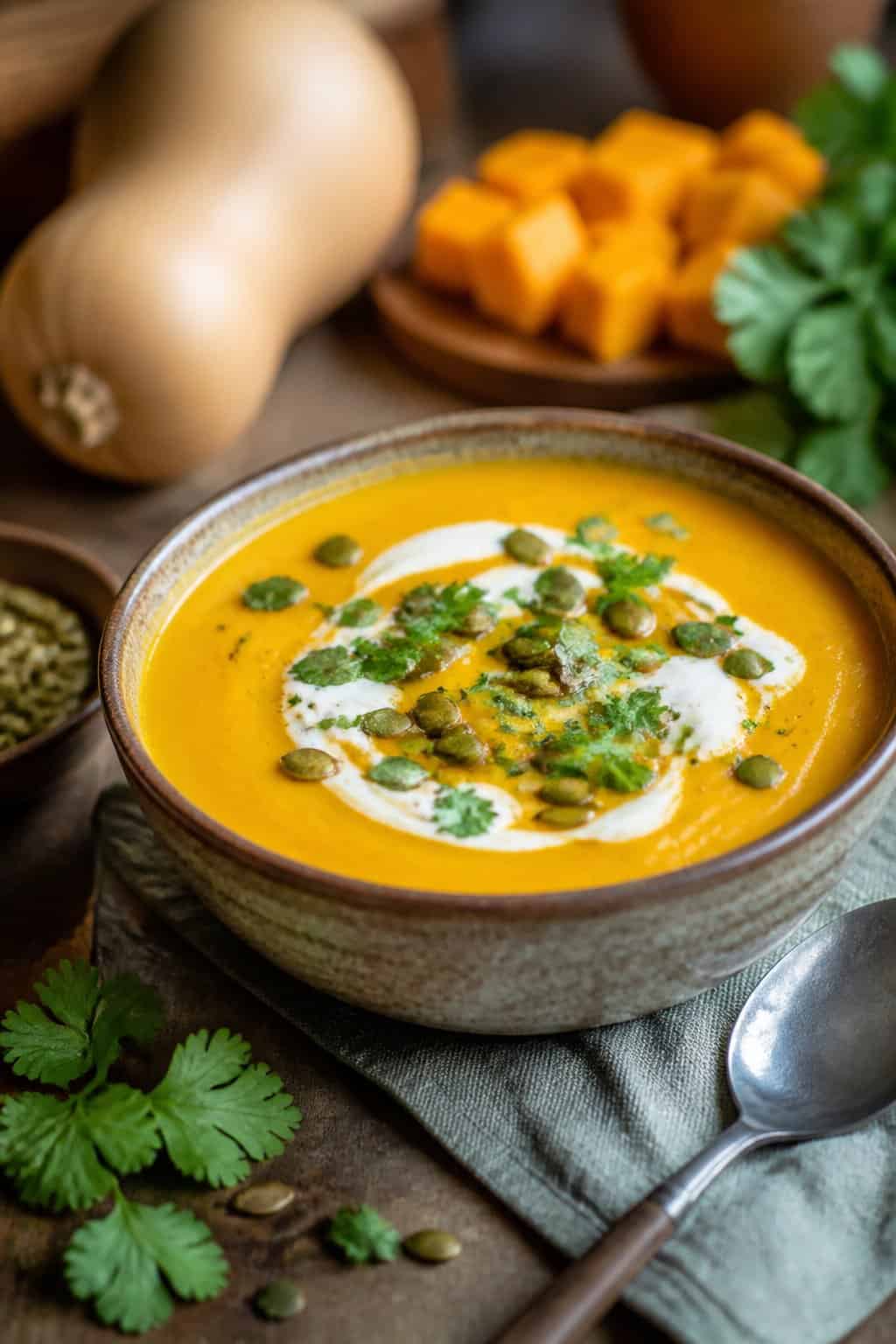 A bowl of curried butternut squash soup garnished with cream, cilantro, and pumpkin seeds on a wooden table with butternut squash and herbs nearby.