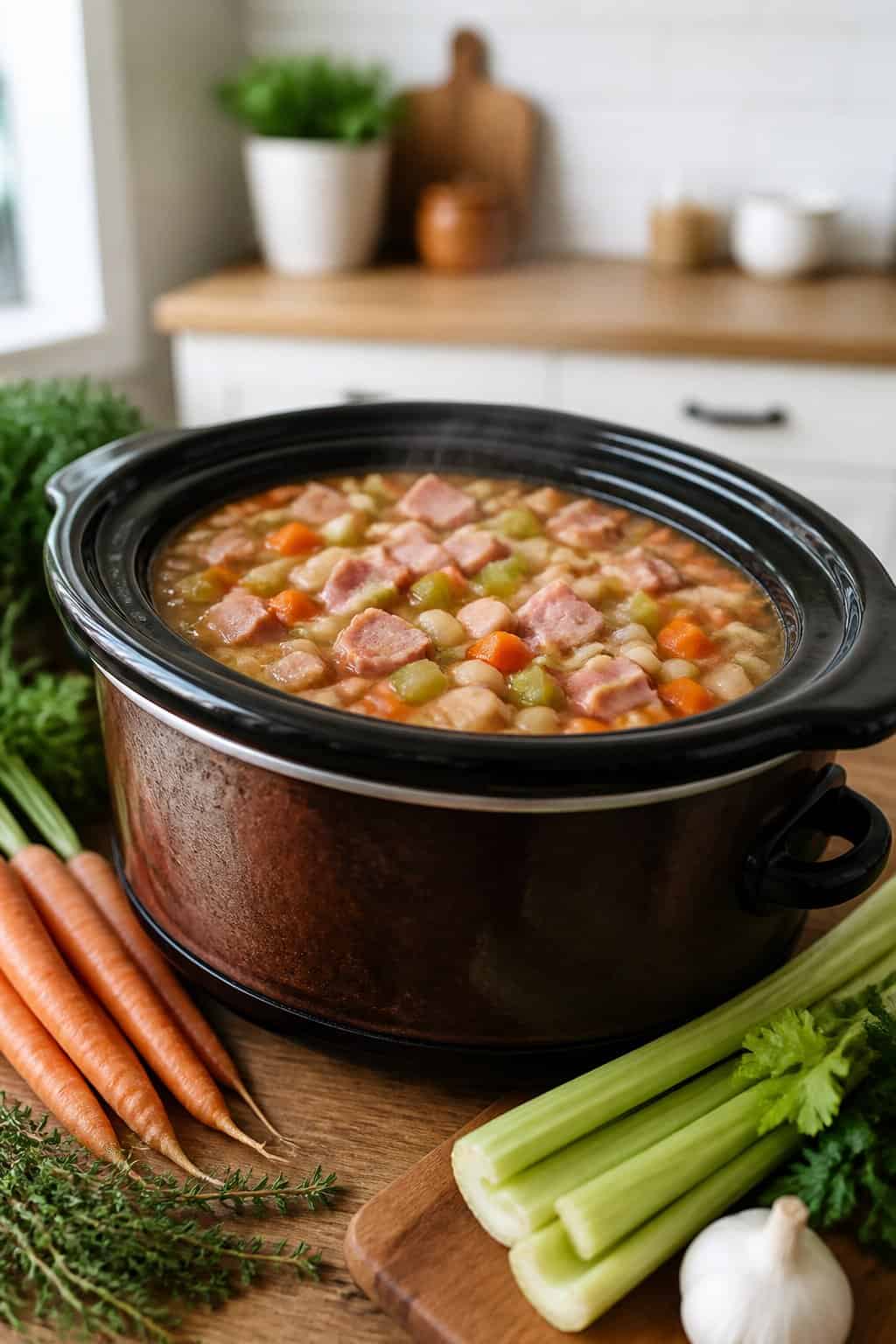 A crockpot filled with ham and bean soup with vegetables on a kitchen countertop surrounded by fresh ingredients.