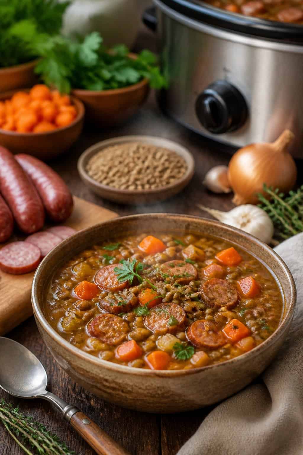 A bowl of lentil and sausage soup on a wooden table with fresh ingredients and a slow cooker in the background.
