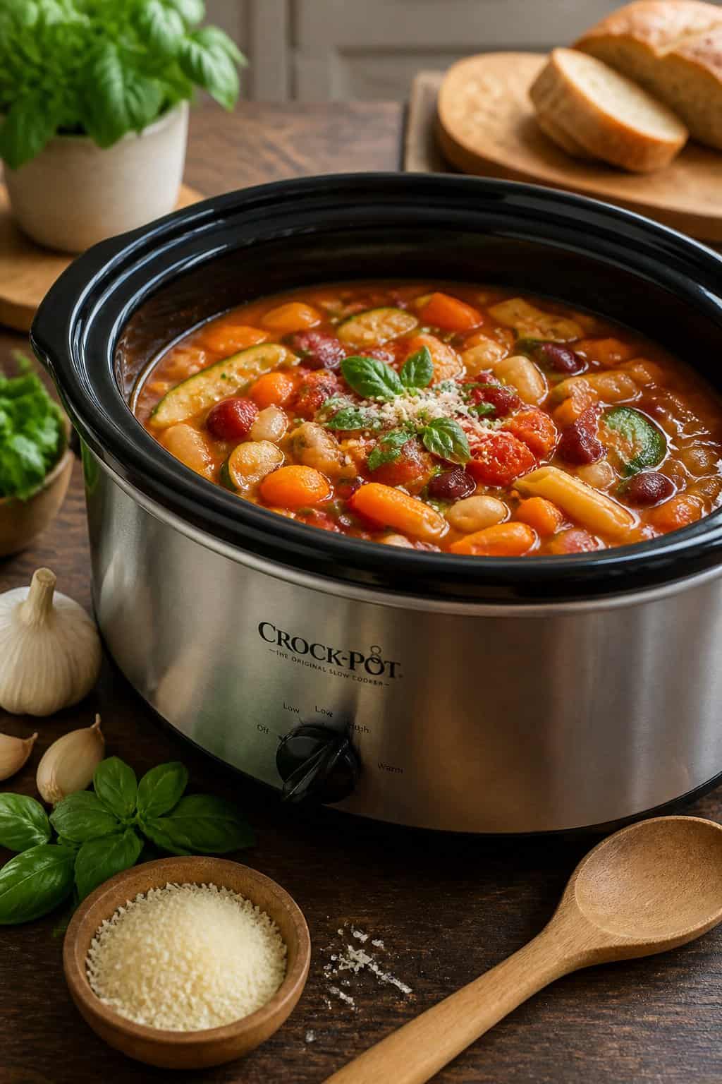 A crockpot filled with minestrone soup and pasta on a kitchen countertop surrounded by fresh vegetables and cooking utensils.