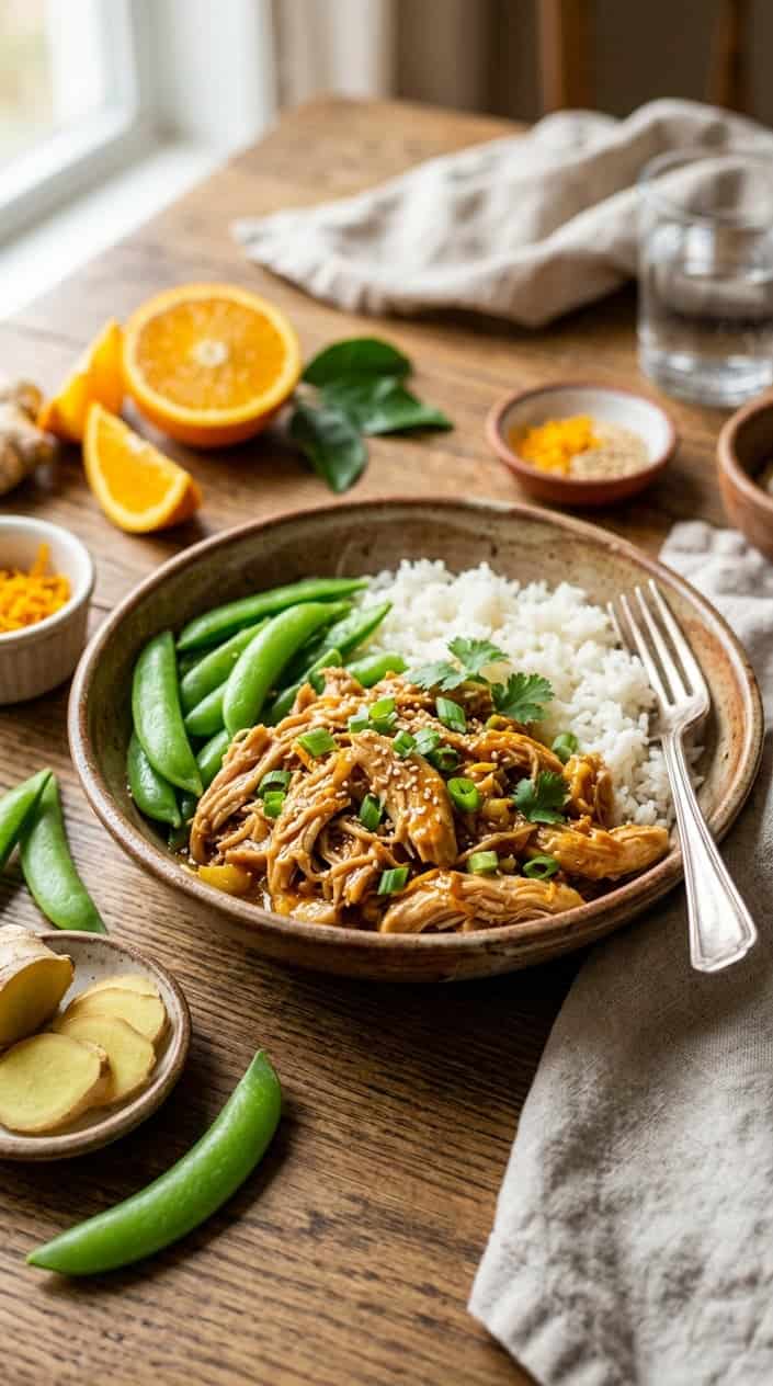 17 Crockpot Chicken Tacos and Bowls for Busy Families 17 A bowl of glossy orange-ginger shredded chicken over steamed white rice with bright green snap peas, topped with sesame seeds and sliced green onion on a wooden table with fresh ingredients around it.
