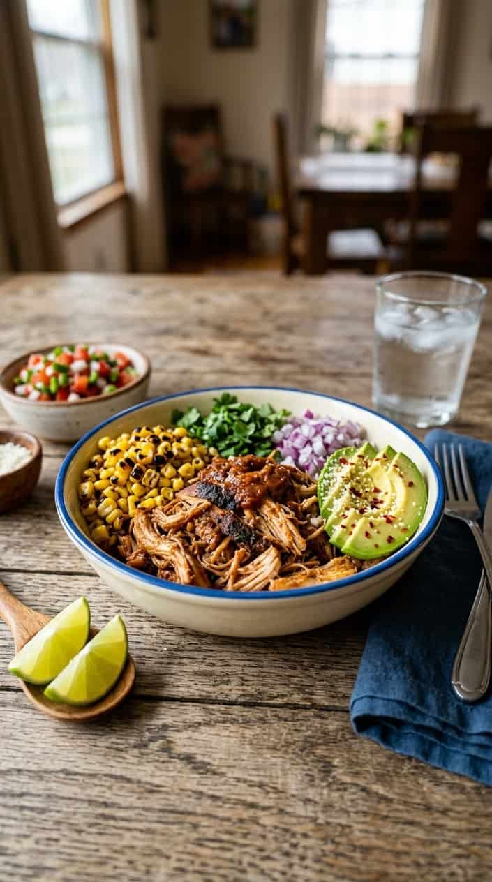 17 Crockpot Chicken Tacos and Bowls for Busy Families 9 A rustic bowl of pull-apart pollo asado chicken with blistered yellow corn, fanned avocado slices, and a scatter of fresh cilantro on a worn wooden table.