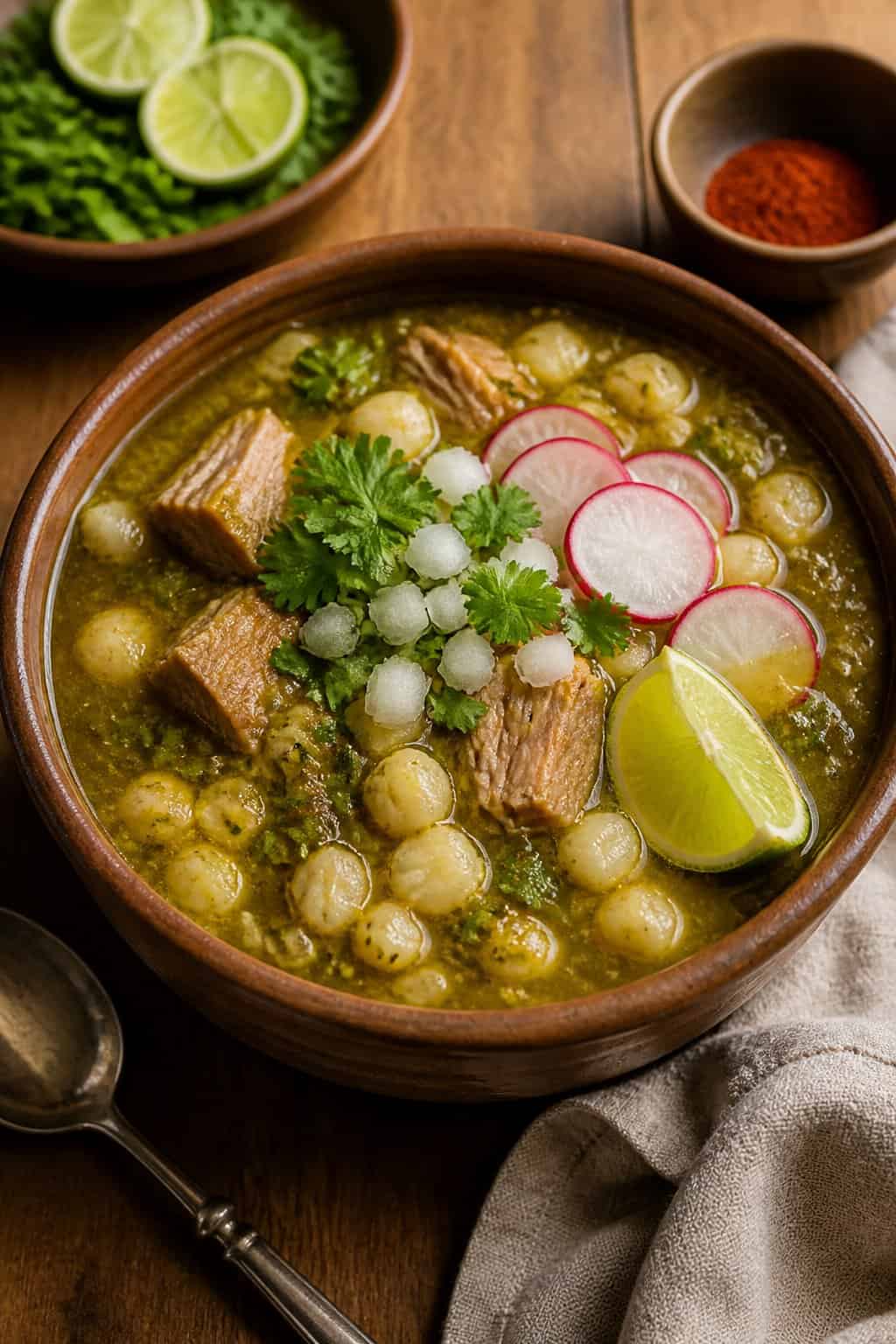 A bowl of green pozole soup with pork, hominy, and fresh garnishes on a wooden table.