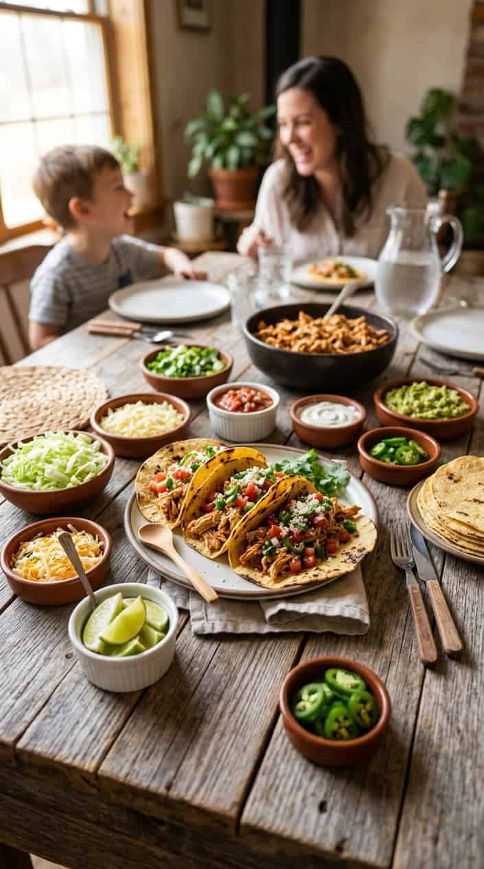 17 Crockpot Chicken Tacos and Bowls for Busy Families 2 Soft corn tortillas loaded with saucy shredded chicken and fresh pico de gallo, arranged on a wooden board with small bowls of toppings nearby.