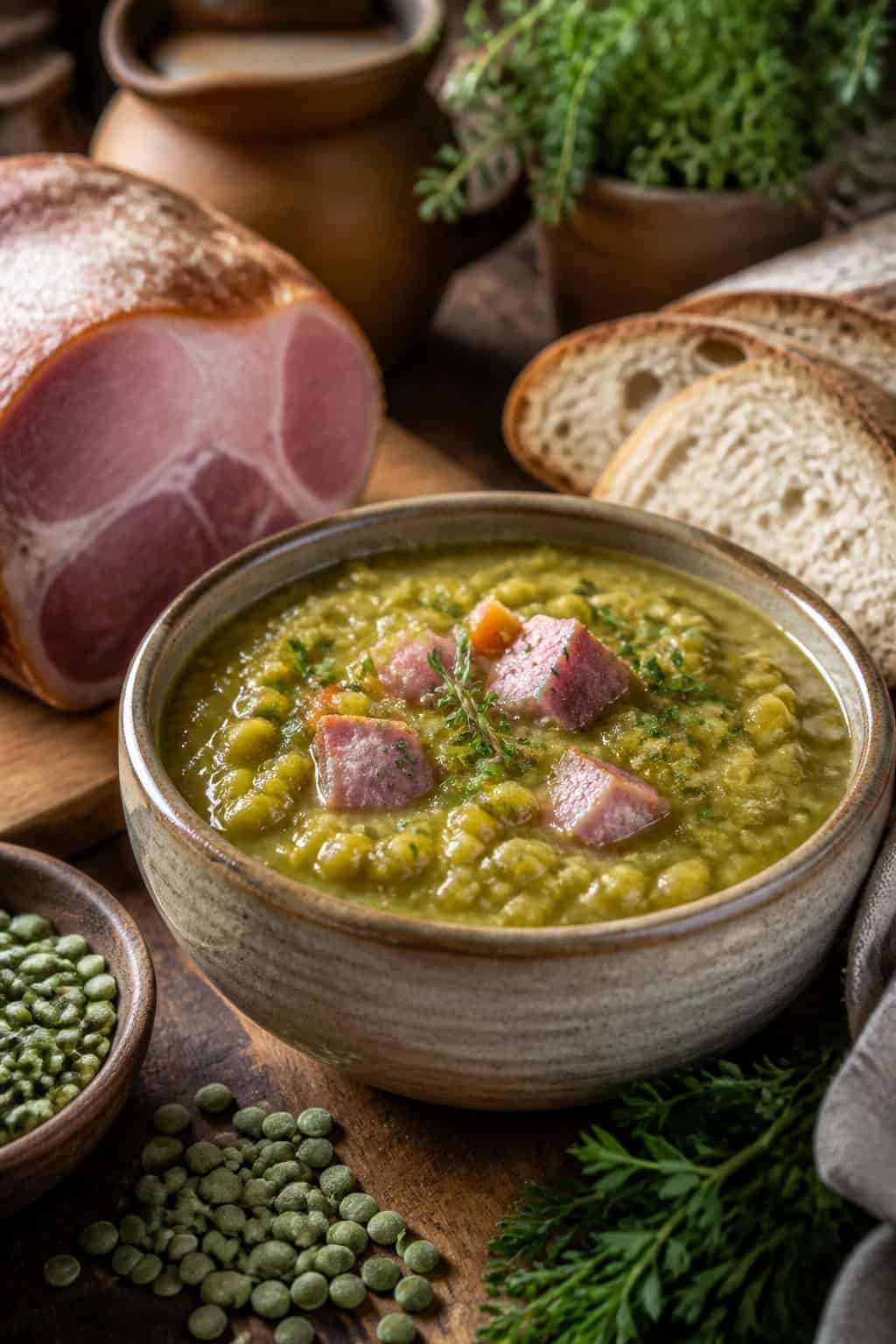 A bowl of split pea and ham soup on a wooden table with fresh ingredients and bread nearby.