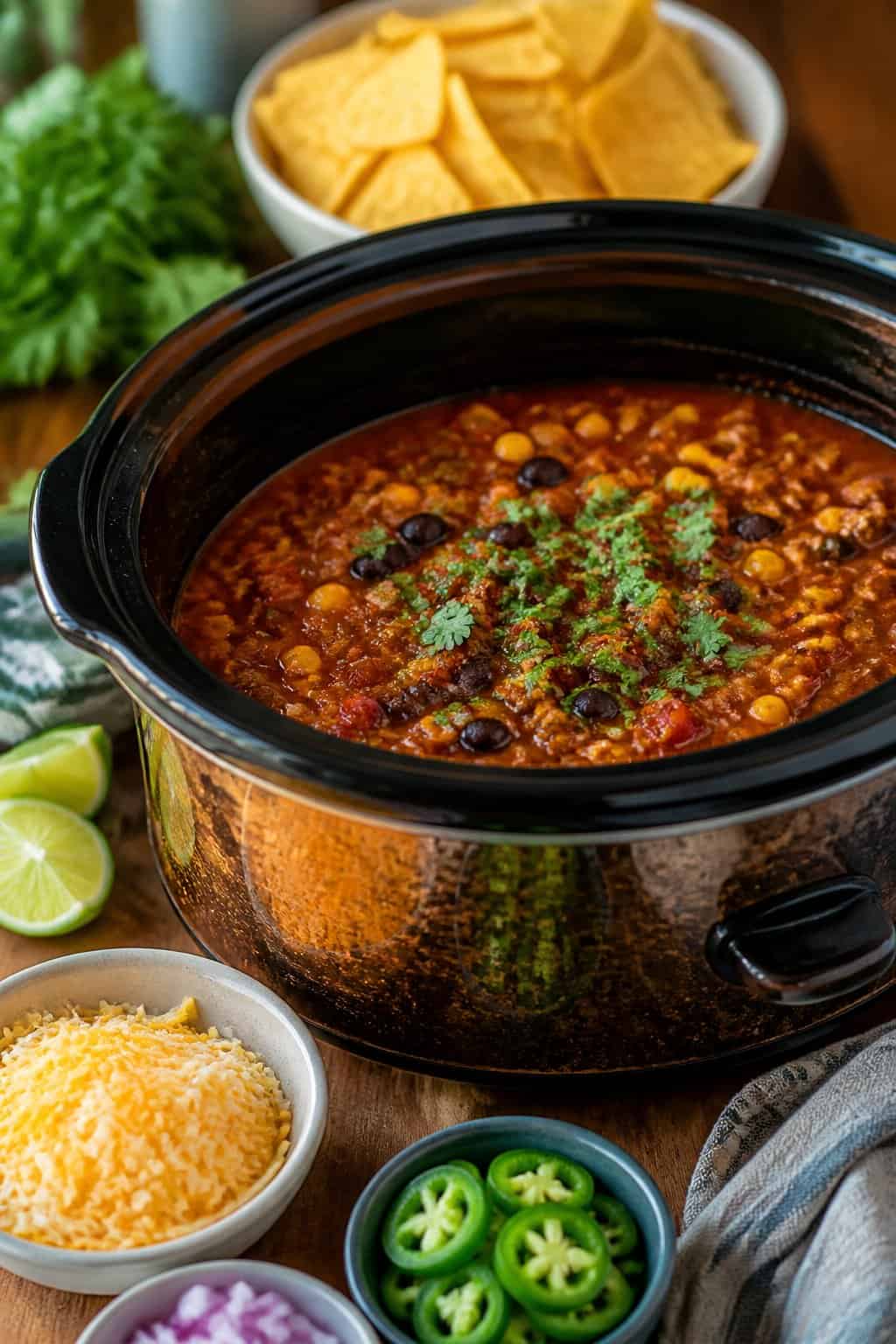 A crockpot filled with taco soup containing ground beef, beans, corn, and tomatoes, surrounded by fresh ingredients and tortilla chips on a kitchen table.