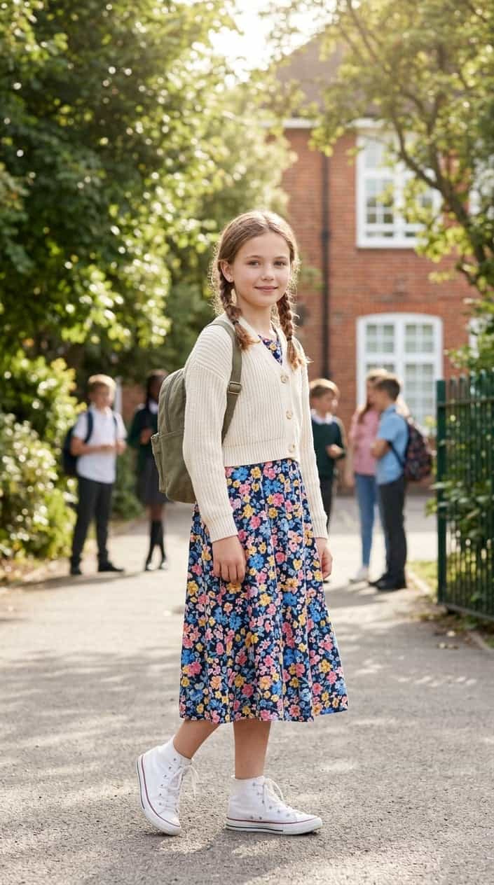 14 School Outfit Ideas for Girls Tired of the Same Three Tops 3 A young girl standing outdoors wearing a cropped cardigan over a floral midi dress.