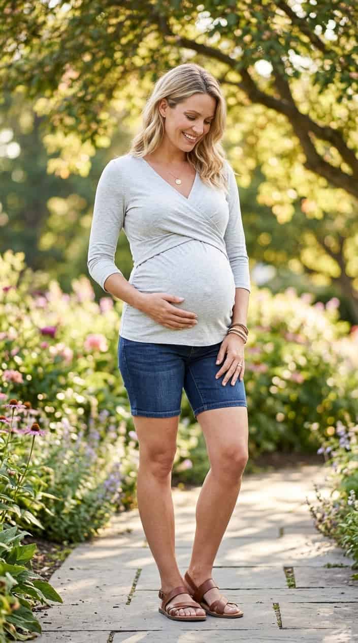Pregnancy Outfits for a Hot Summer 11 Pregnant woman outdoors on a sunny day wearing a cross-front nursing wrap top, gently holding her baby bump and smiling.